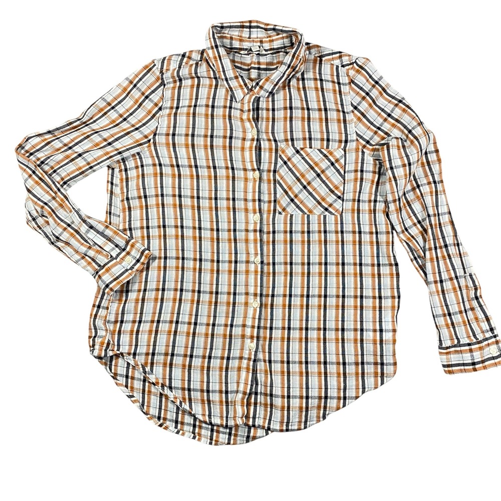 Lucky Brand Plaid Button Down Shirt Long Sleeve Women Sz L/G White Orange Black‎